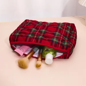 Red plaid quilted cosmetic bag large capacity portable travel makeup storage pouch holiday gift