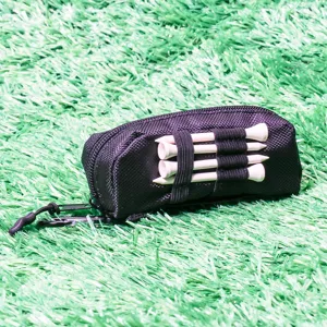 Golf tee storage pouch detail view, black fabric accessory bag with wooden tees and clip.