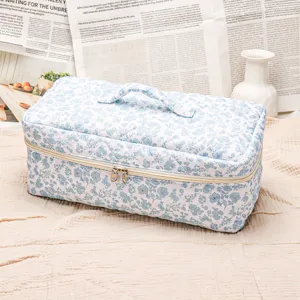 Quilted floral travel cosmetic bag with handle, large capacity storage for hair tools.