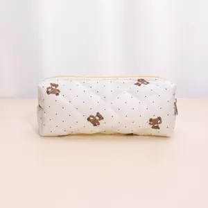 Quilted bear pattern makeup bag cute aesthetic cosmetic pouch detail view design