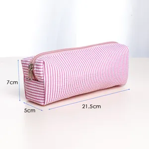 Pink striped canvas pencil case cosmetic storage pouch portable travel makeup organizer
