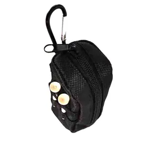 Black portable golf ball pouch with carabiner and wooden tees side view detail shot.