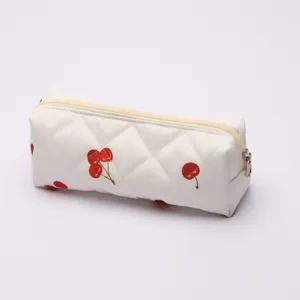 White quilted cherry cosmetic bag with zipper, soft cotton makeup storage pouch for daily travel.