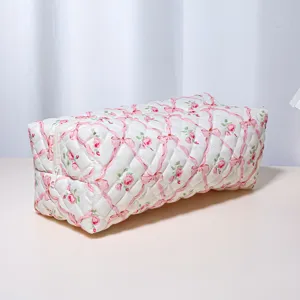 Quilted cosmetic bag with pink ribbon rose pattern, large capacity travel storage pouch detail.
