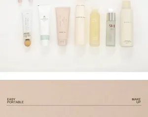 Skincare bottles and cosmetic containers neatly displayed for convenient portable organization.