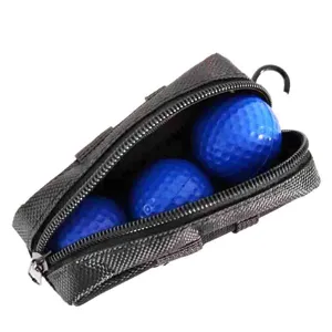 Golf ball pouch detail showing black fabric zipper bag with three blue golf balls included.