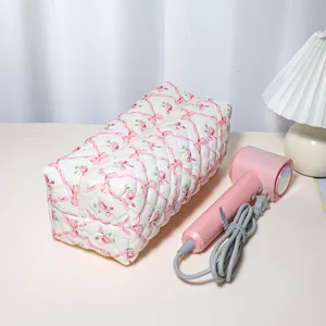 Quilted storage bag for hair dryer and cosmetics, portable zippered multi-compartment travel case