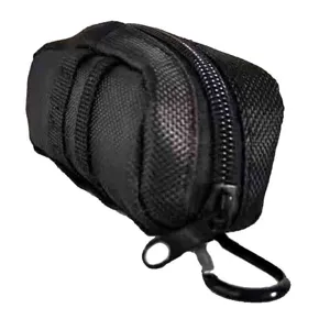 Portable black golf ball storage pouch with carabiner and zipper, durable utility bag.