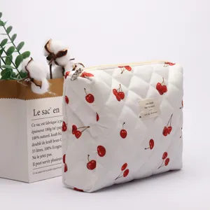 white quilted cherry makeup bag large capacity portable cosmetic pouch travel wash bag
