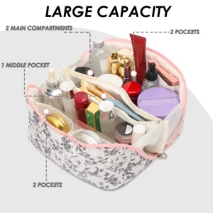 Grand sac de maquillage matelassé avec plusieurs compartiments pour articles de toilette.