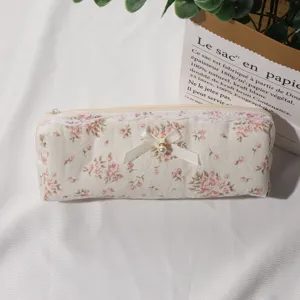 Quilted Cotton Makeup Bag Cute Floral Lace Bowknot Travel Toiletry Pouch Portable Cosmetic Storage Bag For Women