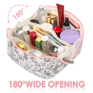 Trousse de maquillage matelassée à fleurs avec ouverture à 180 degrés, grand organisateur portable.