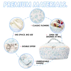 Trousse de maquillage matelassée à fleurs, grande capacité et double fermeture éclair.