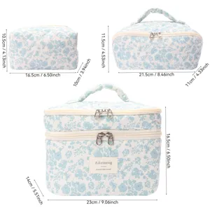 Détail trousse de maquillage matelassée à fleurs, dimensions précises et fermetures zippées robustes.