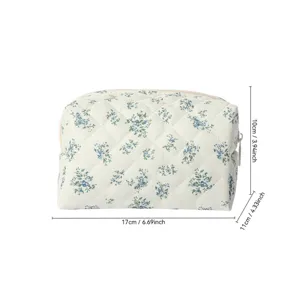 Quilted floral cosmetic bag, portable makeup pouch with zipper closure for travel and daily use.