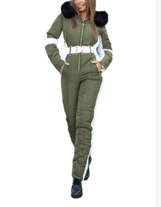Women's winter one-piece ski suit with fur-trimmed hood and belt. Warm outdoor ski apparel.
