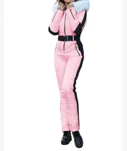 Women's pink black one-piece ski suit with fur hood and belt for winter outdoor sports.