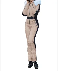 Womens winter one piece ski suit warm hooded jumpsuit color block snow wear detail view