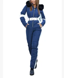 Detailed presentation of women one-piece winter ski jumpsuit in blue and white with fur hood.