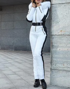 Women winter one piece ski suit warm hooded jumpsuit color block outdoor snow wear detail