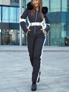 Women Winter One-Piece Ski Suit Hooded Faux Fur Collar Windproof Warm Waterproof Active Sports Jumpsuit Outerwear