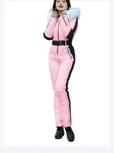 Women one-piece ski suit winter thermal hooded color-block snow jumpsuit outfit outdoor sports
