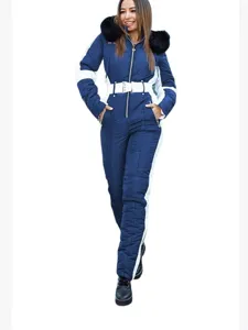 Women one-piece ski suit winter warm hooded jumpsuit color block outdoor snow wear apparel