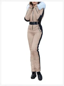 Women one-piece ski suit winter warm hooded jumpsuit colorblock outdoor snowwear outfit