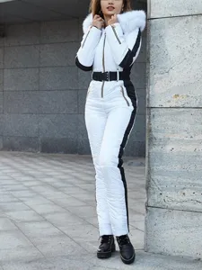 Women one piece ski suit winter warm waterproof hooded jumpsuit color block outdoor snow wear