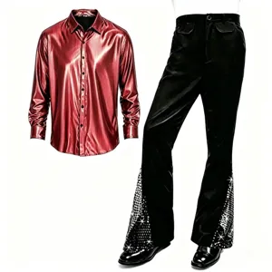 Chemise De Disco A Manches Longues Metal et Pantalon Evase Vintage Scene Costume