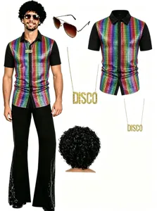 Ensemble de Costume de Performance Disco pour Hommes Chemise à Manches Courtes à Paillettes Pantalon à Pattes d'éph Rétro Avec Perruque Lunettes de Soleil Collier