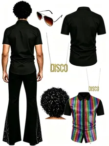 Ensemble de costume disco homme années 70 avec chemise, pantalon patte d'eph, perruque et collier.