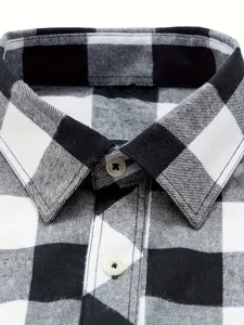 Classic black and white plaid flannel shirt detail, casual long sleeve men button down top.