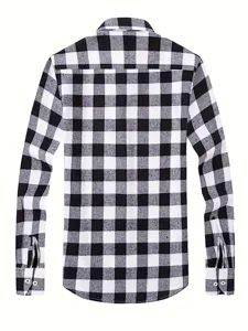 Back detail of the classic black and white plaid long-sleeve shirt, neat tailoring.
