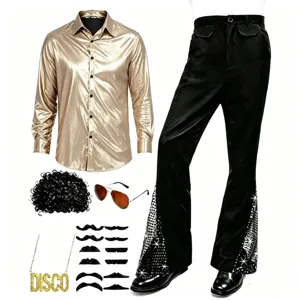 Ensemble de costume disco années 70 pour homme avec chemise dorée, pantalon et accessoires.