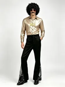 costume disco homme 70s retro chemise doree metallique pantalon patte d'eph