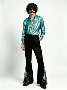 Ensemble de costume disco rétro pour homme chemise métallisée pantalon patte d'éléphant
