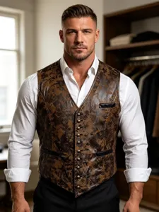 Detailed view of stylish men's vintage brown floral print single-breasted waistcoat vest.