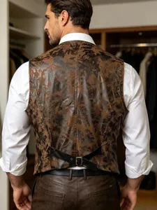 Men vintage distressed leather texture vest back detail, premium slim fit waistcoat.
