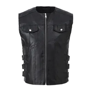 Gilet in Ecopelle Casual da Uomo Stile Coreano Monopetto Capospalla Slim Fit Senza Collo Senza Maniche