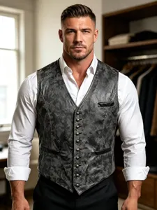 Detail view of men's vintage distressed leather-look V-neck single-breasted vest.