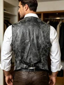 Men's vintage distressed leather vest waistcoat retro casual sleeveless outerwear top.
