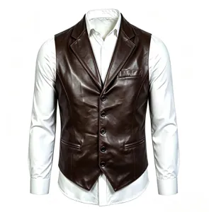 Gilet in pelle marrone da uomo giacca casual scollo a V con camicia a maniche lunghe bianca
