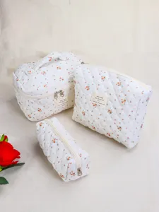 Quilted floral cosmetic bag set, large capacity portable makeup storage pouch organizer for travel.