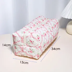 Quilted cosmetic bag with pink ribbon floral pattern, portable zip storage pouch 34cm