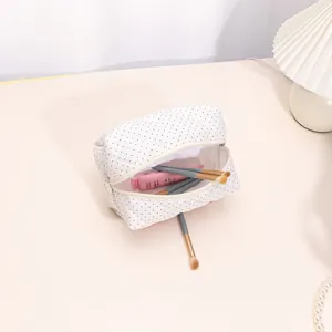 White polka dot quilted makeup bag large capacity portable cosmetic pouch for travel