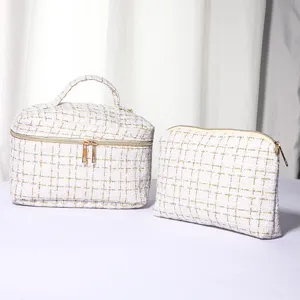 White gold tweed cosmetic bag set, portable travel makeup pouch and storage organizer.
