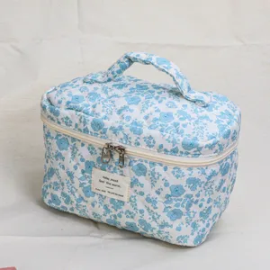 Close-up detail of the blue floral quilted cosmetic bag featuring soft fabric and zippers.