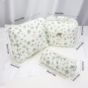 Quilted floral cosmetic bag set, portable travel makeup pouch, storage organizer trio.