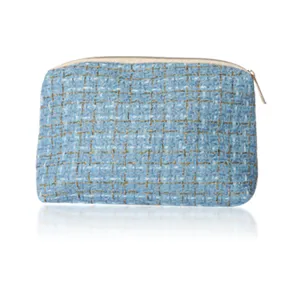 Blue Tweed Cosmetic Bag Portable Travel Makeup Pouch Zipper Toiletry Storage Bag Chic